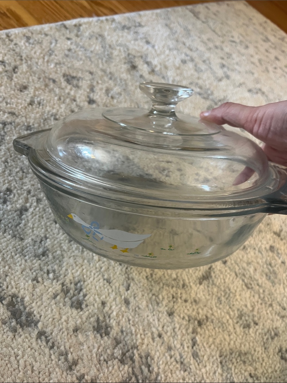 Anchor Hocking Clear Glass Covered Casserole with White Goose and Blue Ribbon